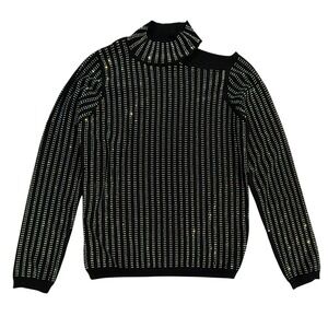 Boston Proper Black Rhinestone Mock Neck Cut Out Sweater